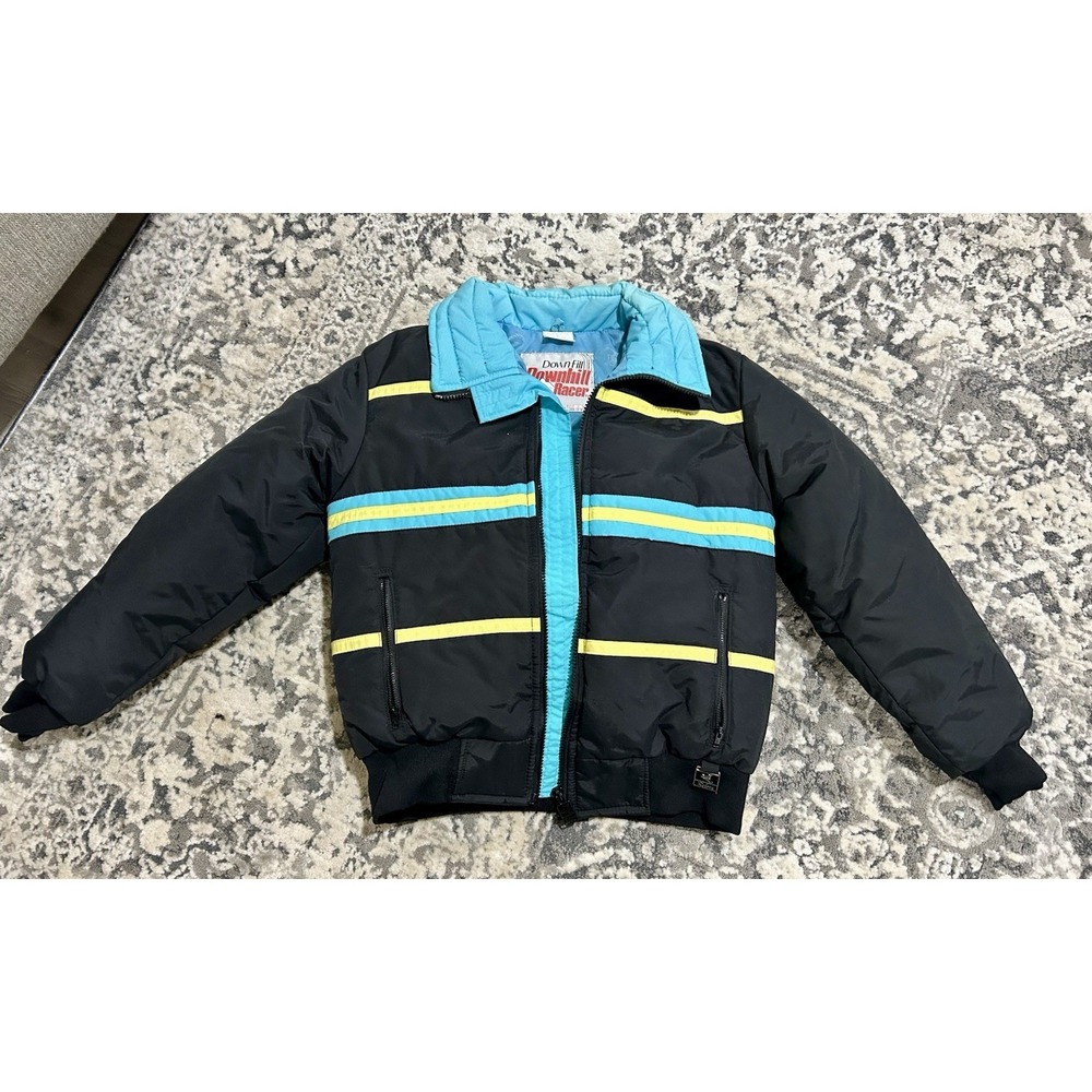 Vintage Downhill Racer Down Fill Coat Ski Jacket Unisex‎ Size Small Black Blue